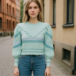 NWT LoveShackFancy Jameela Striped Pointelle Sweater in Mint Julep Multi Size S
